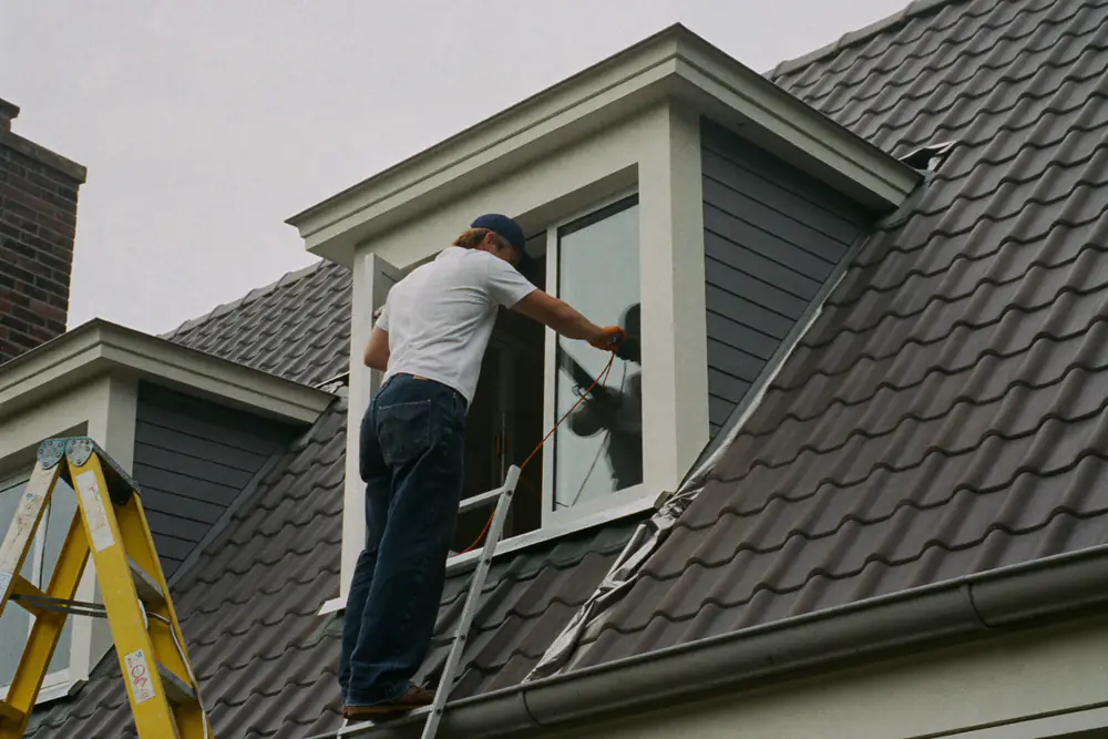 Dakdekker op een ladder controleert de aansluiting rond een dakkapel